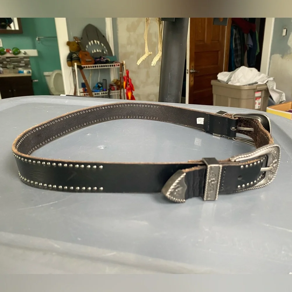 Double Buckle Cowgirl American Eagle Black Leather Belt 38” Long - Picture 6 of 8